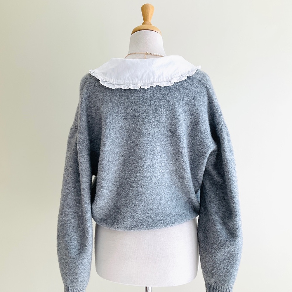 Mango Gray Button-Front Cardigan with White Peter Pan Collar Preppy! - Picture 3 of 6